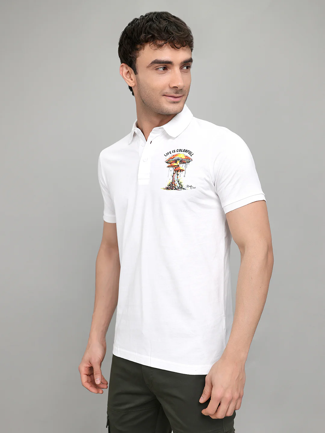 Men White Printed Collar Half Sleeve T-Shirt - Image 2