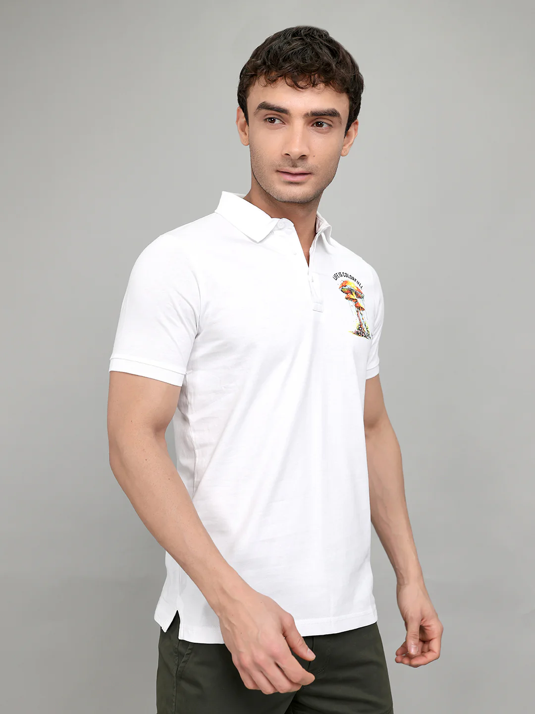 Men White Printed Collar Half Sleeve T-Shirt - Image 3