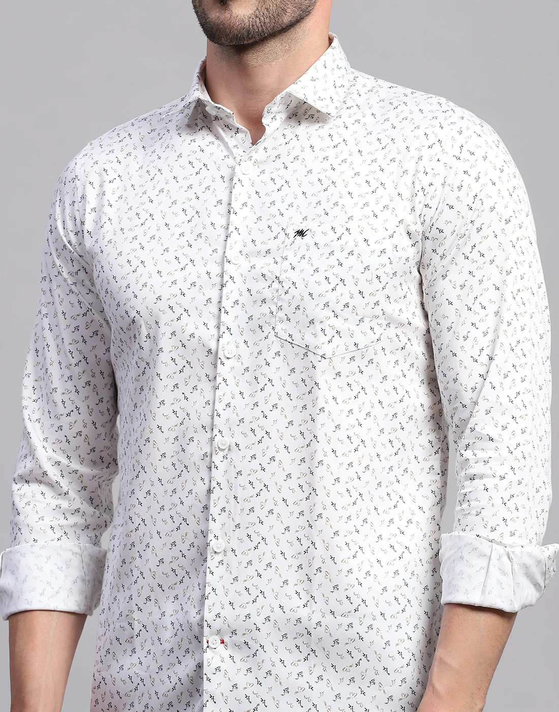 Men White Printed Collar Neck Full Sleeve Shirt - Image 7