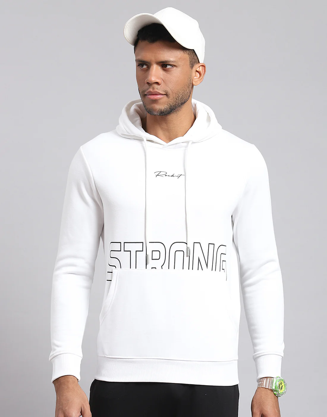 Rock.it Men White Printed Hooded Full Sleeve Sweatshirt - Image 2