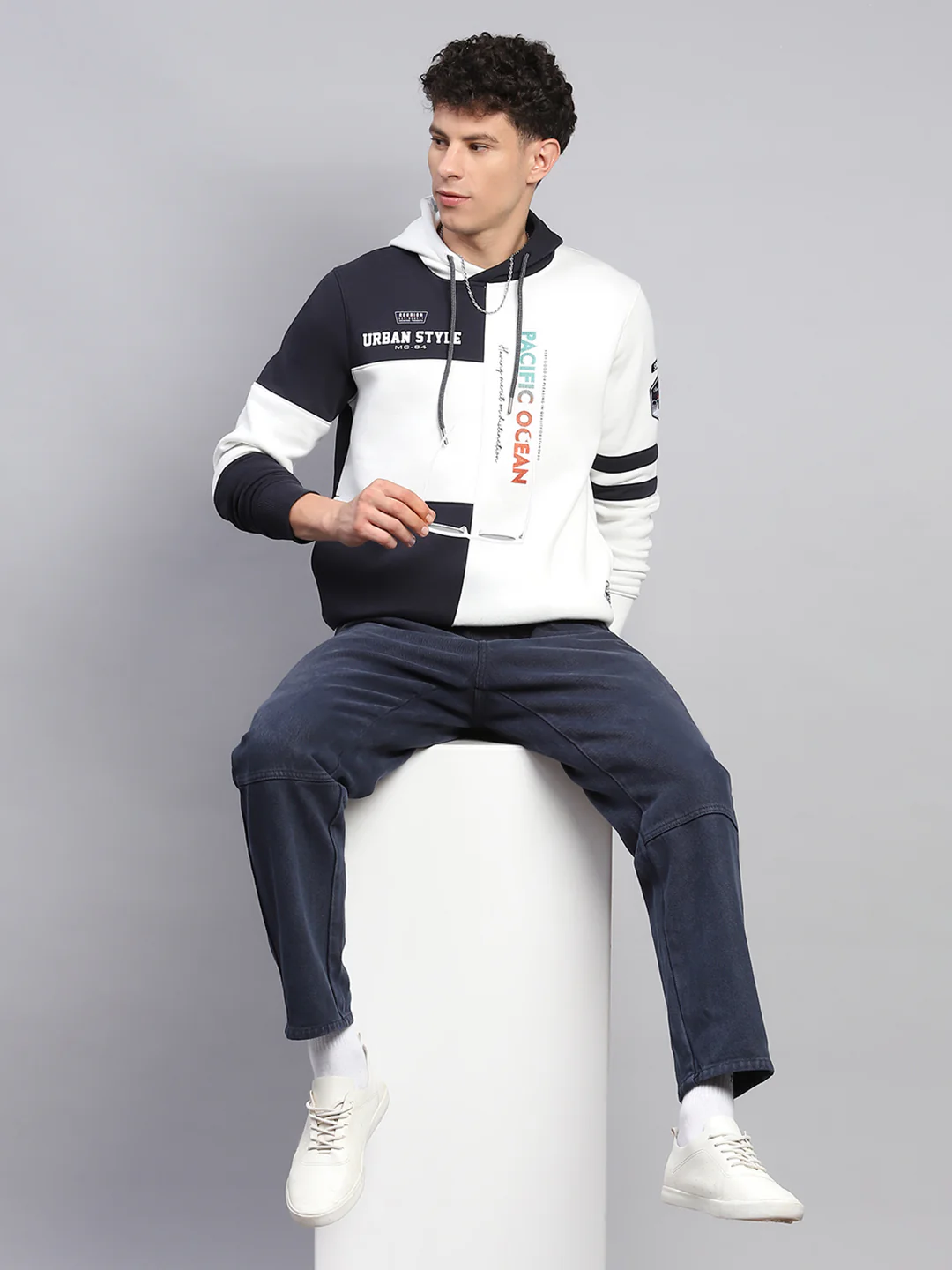 Men White Printed Hooded Full Sleeve Sweatshirt - Image 2