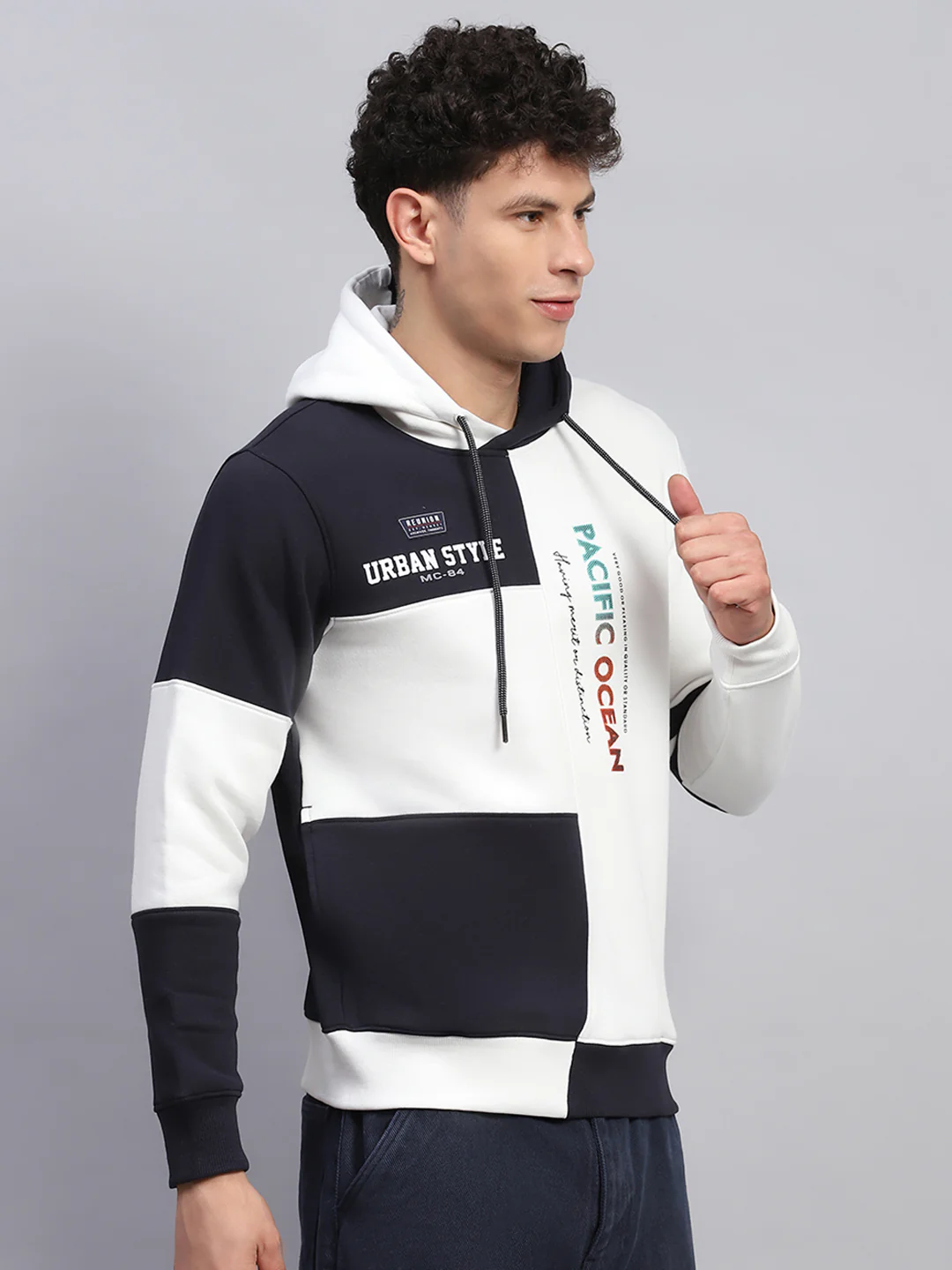Men White Printed Hooded Full Sleeve Sweatshirt - Image 3