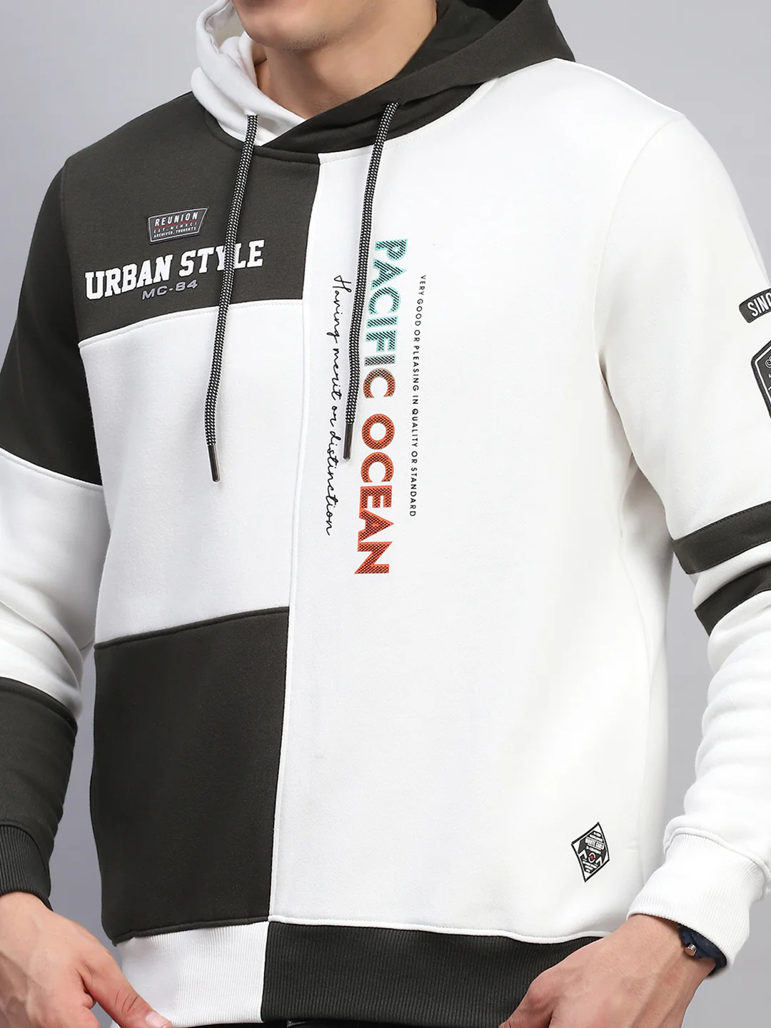 Men White Printed Hooded Full Sleeve Sweatshirt - Image 6