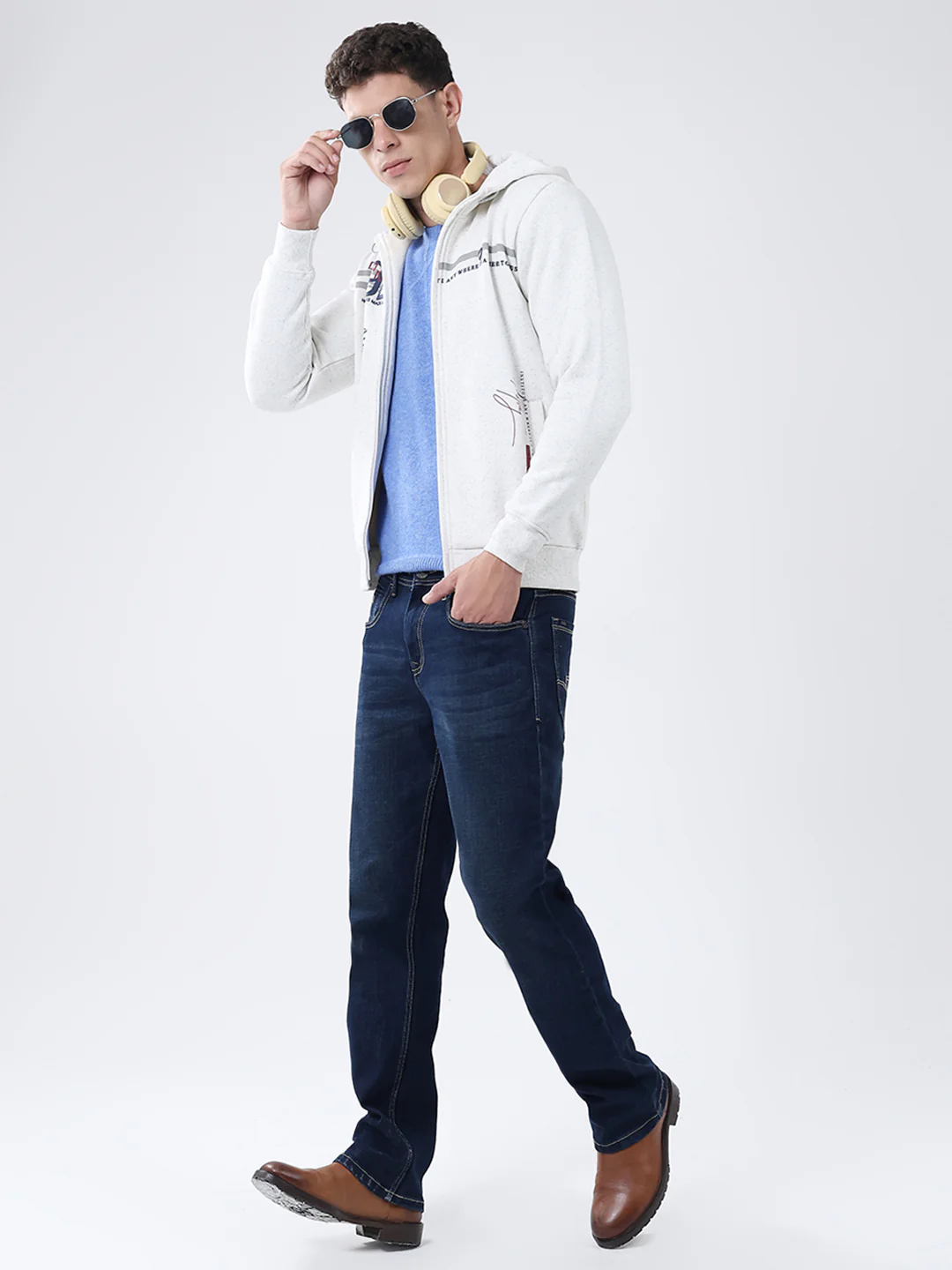 Men White Printed Hooded Full Sleeve Sweatshirt - Image 2