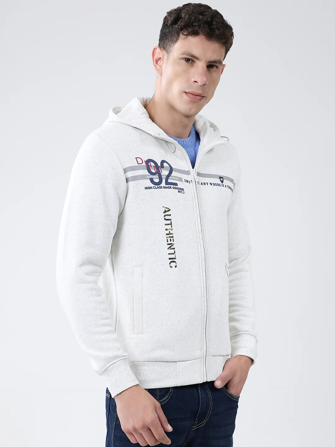 Men White Printed Hooded Full Sleeve Sweatshirt - Image 4