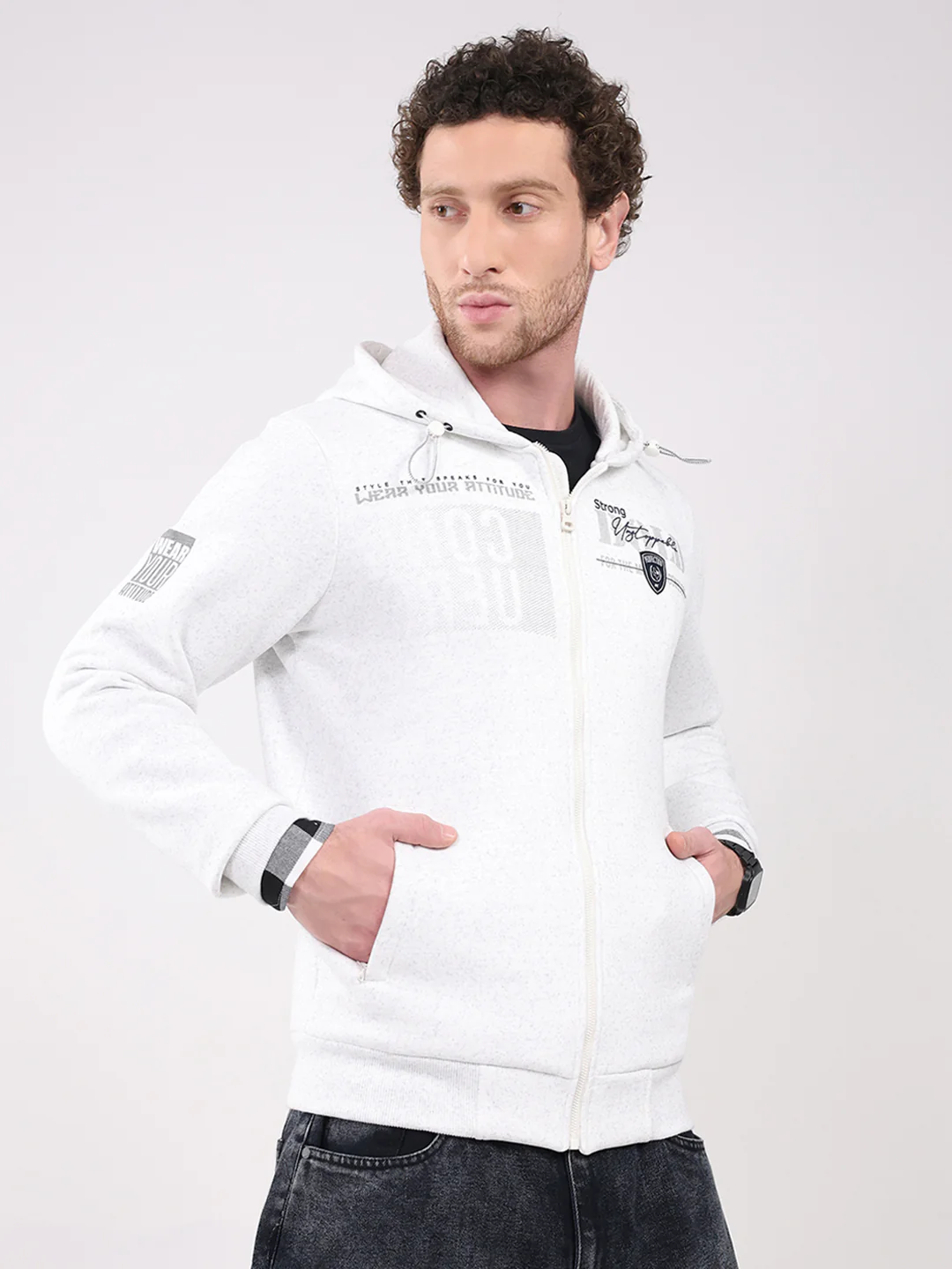 Men White Printed Hooded Full Sleeve Sweatshirt - Image 4