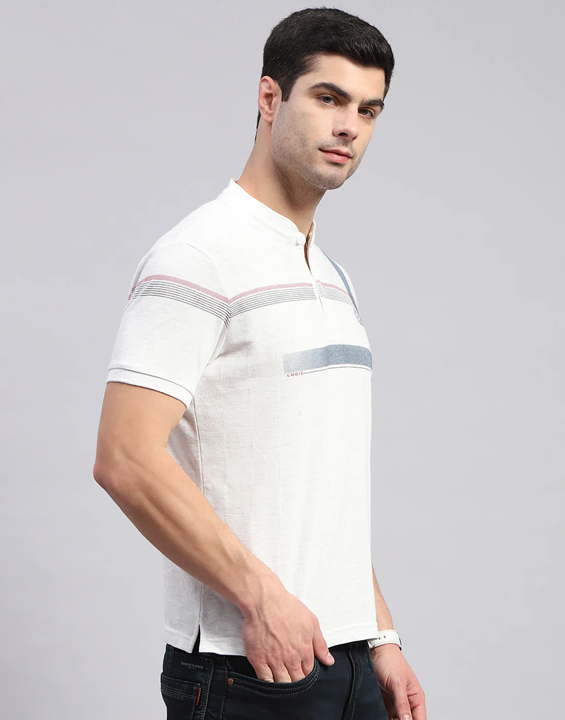 Men White Printed Mandarin Collar Half Sleeve T-Shirt - Image 4