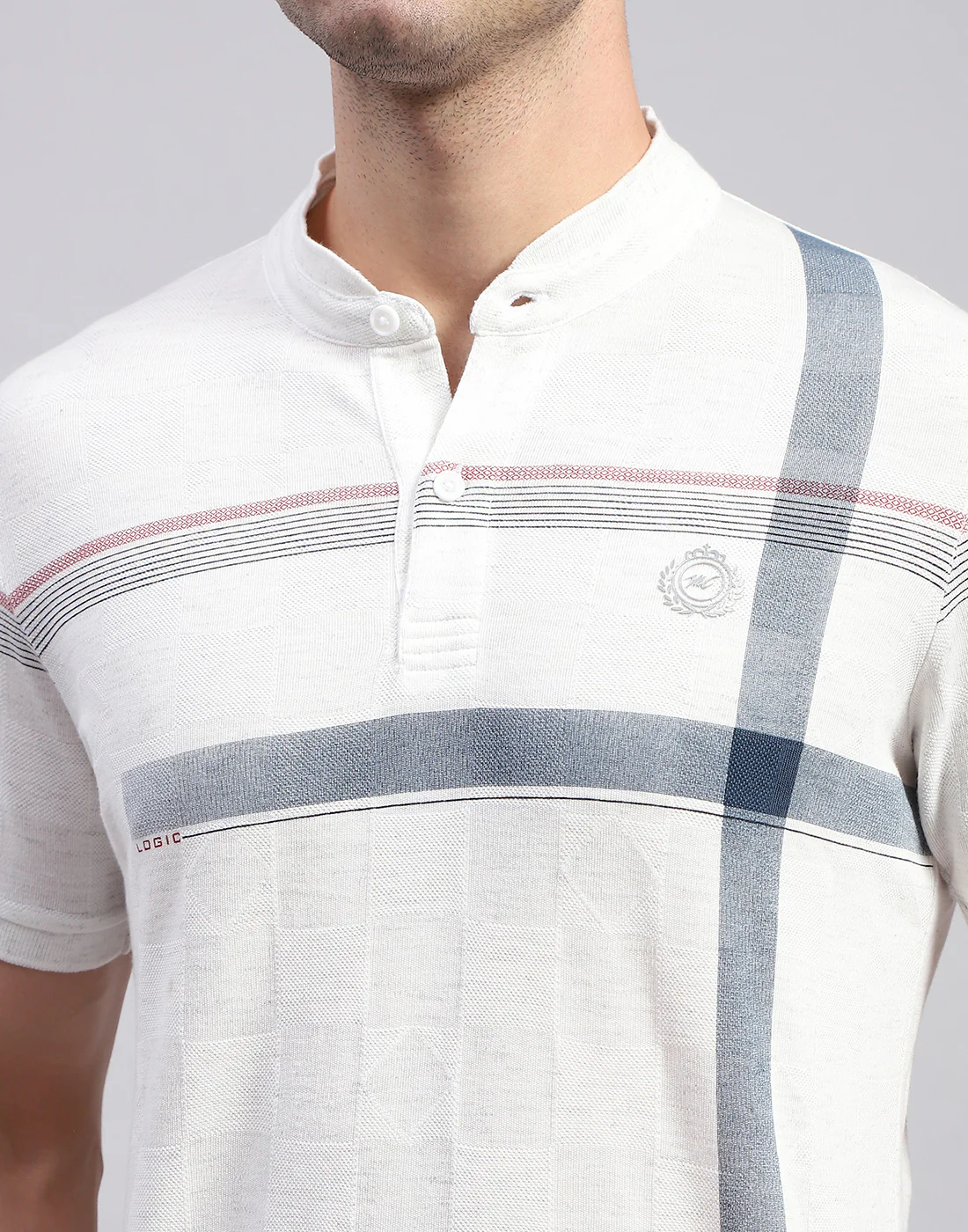Men White Printed Mandarin Collar Half Sleeve T-Shirt - Image 6