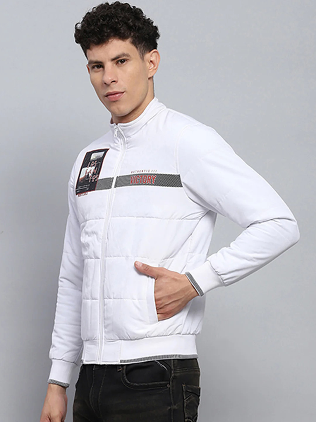 Men White Printed Mock Neck Full Sleeve Jacket - Image 3