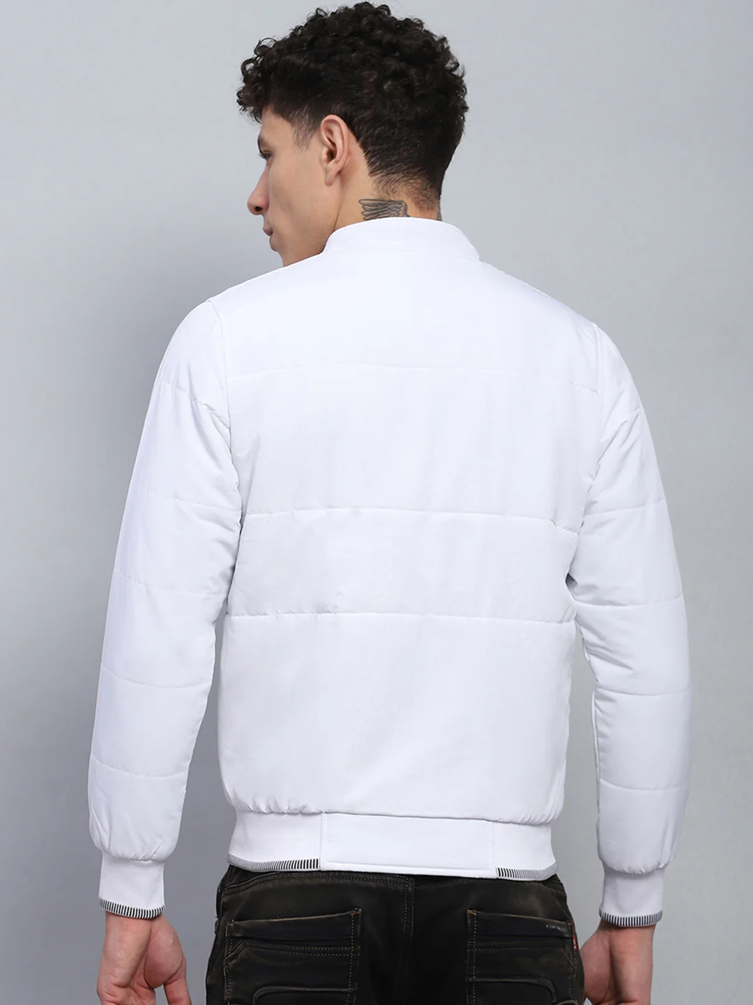 Men White Printed Mock Neck Full Sleeve Jacket - Image 5