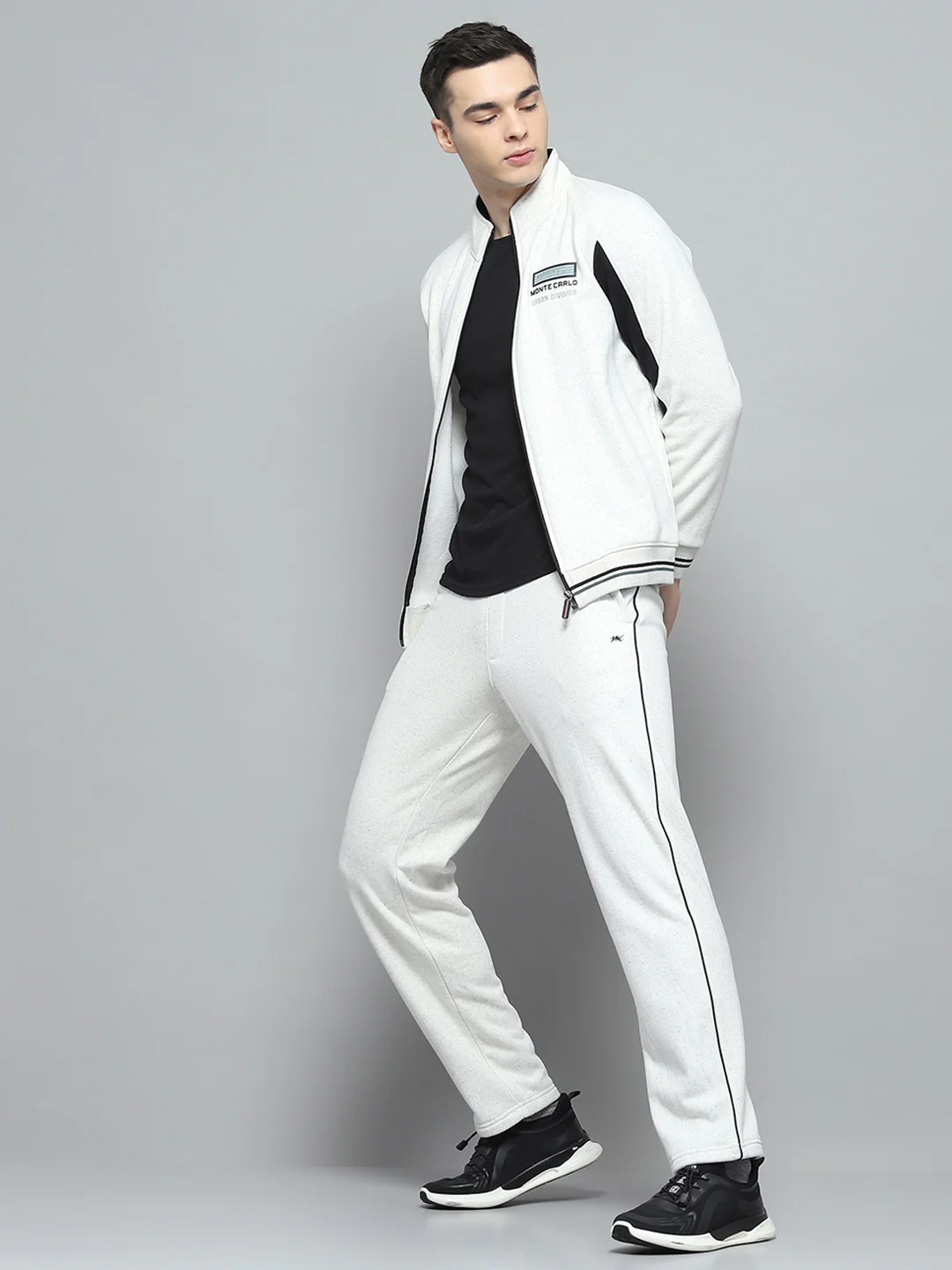 Men White Printed Mock Neck Full Sleeve Winter Tracksuit - Image 2