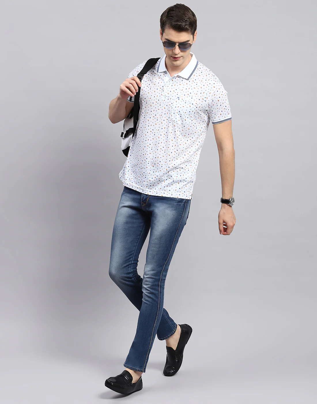 Men White Printed Polo Collar Half Sleeve T-Shirt - Image 2