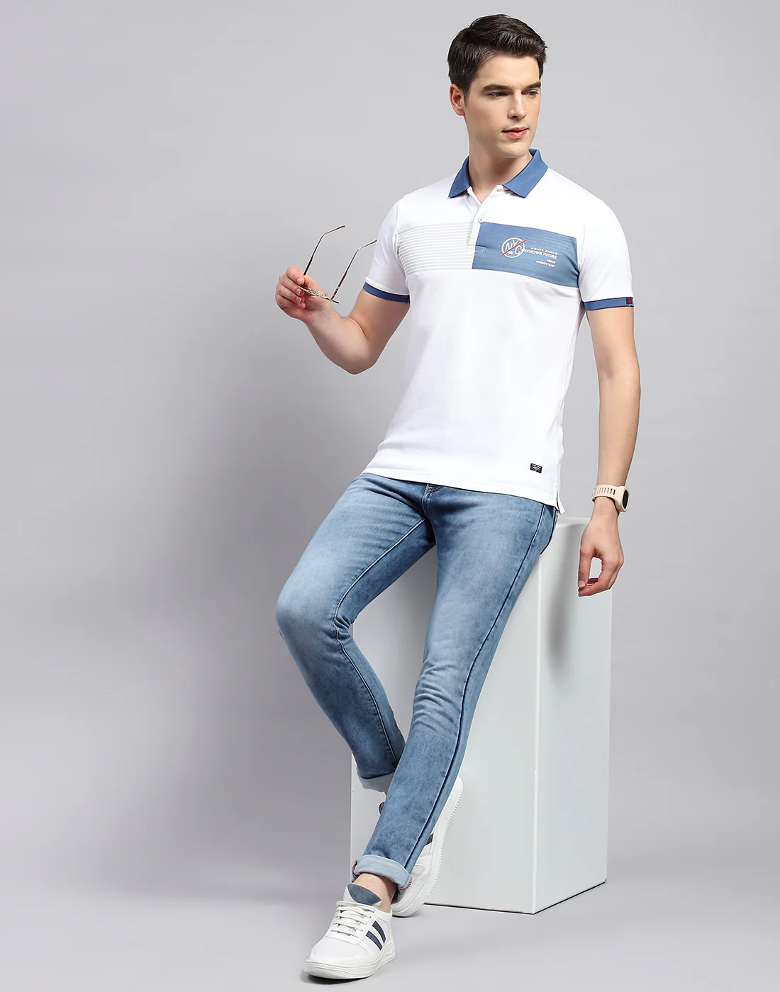 Men White Printed Polo Collar Half Sleeve T-Shirt - Image 2