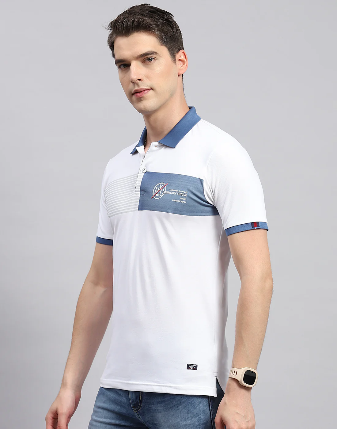 Men White Printed Polo Collar Half Sleeve T-Shirt - Image 3