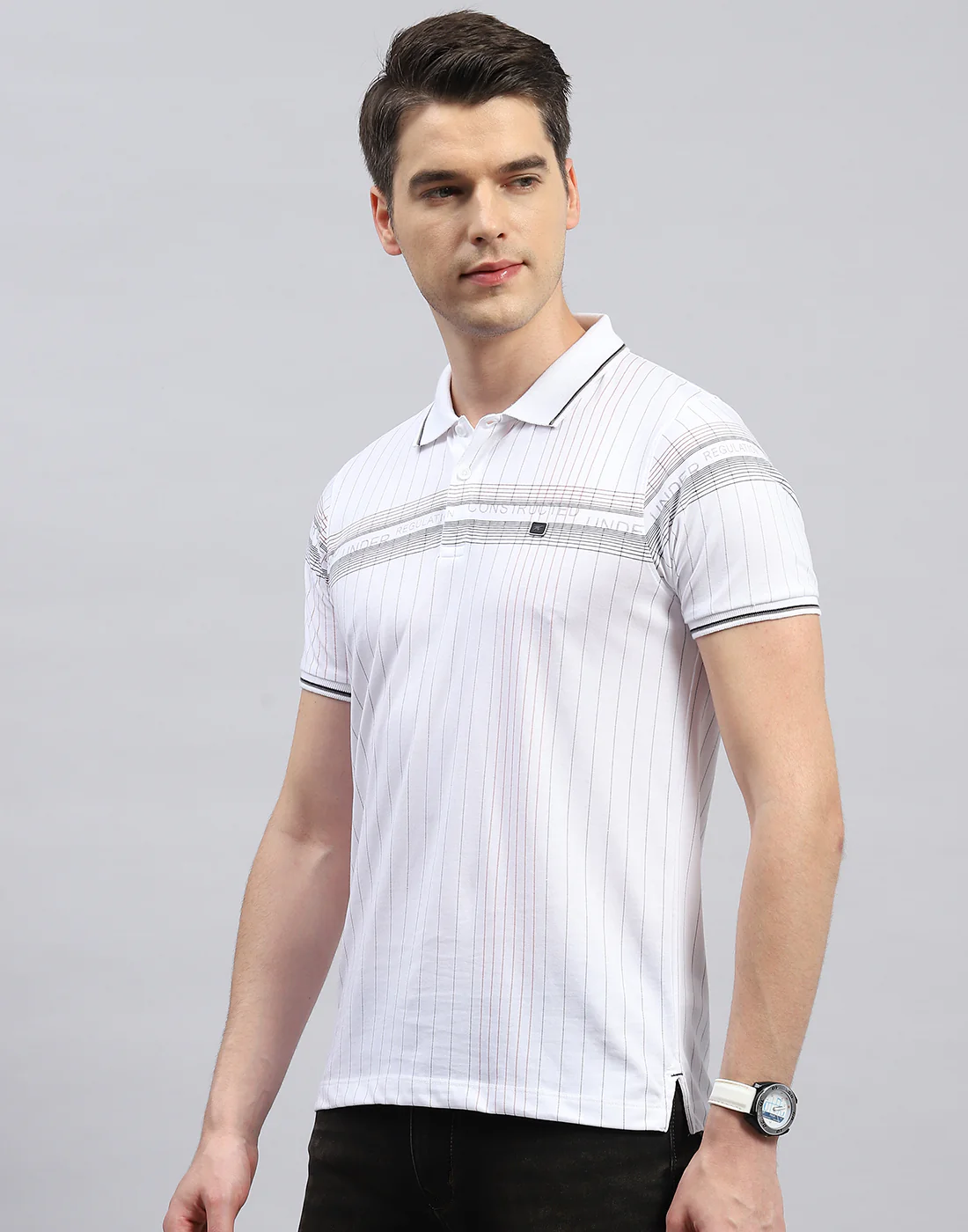 Men White Printed Polo Collar Half Sleeve T-Shirt - Image 3