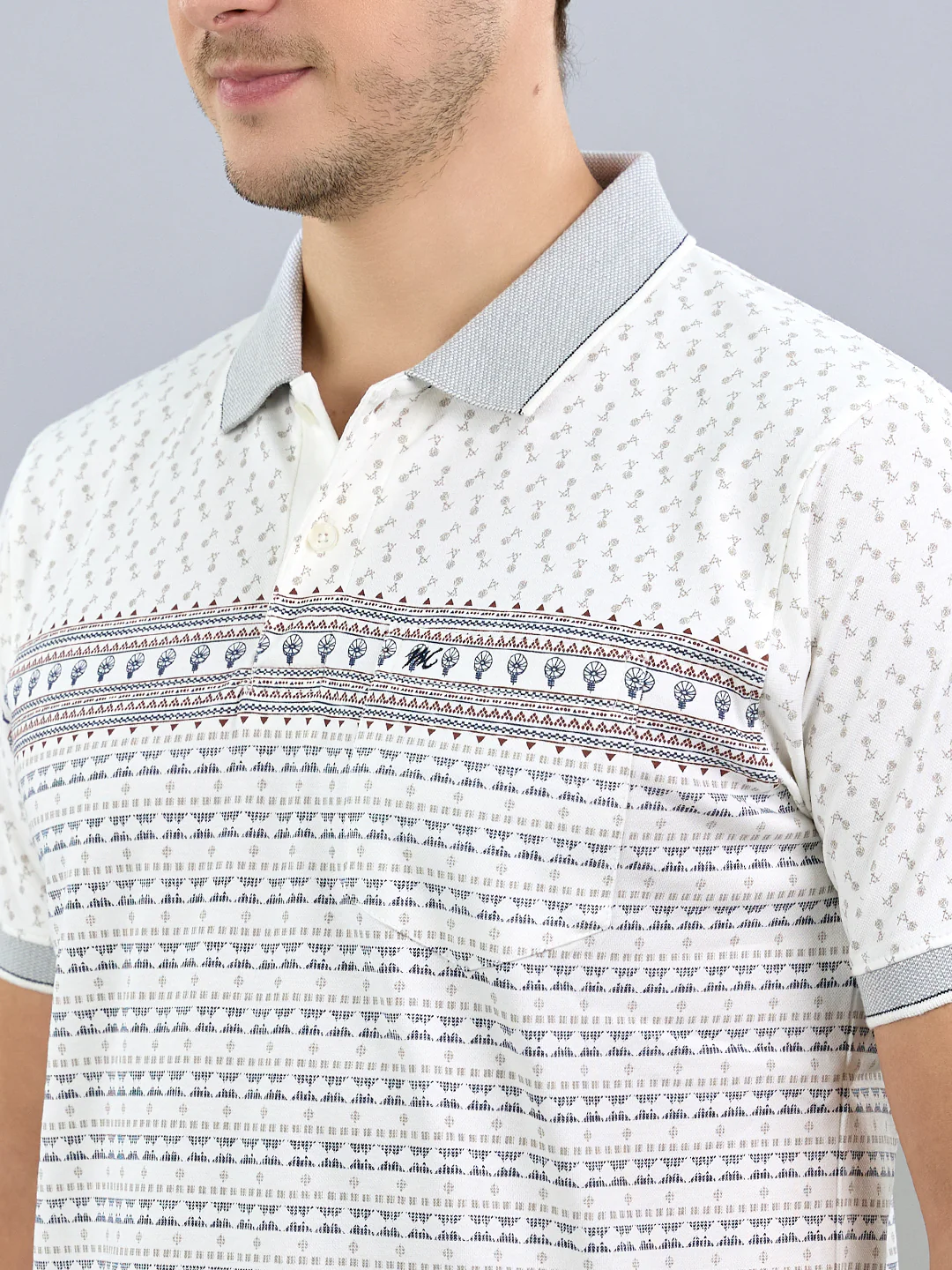 Men White Printed Polo Collar Half Sleeve T-Shirt - Image 5