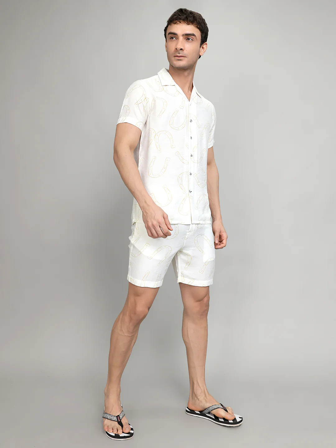Men White Printed Revere Collar Half Sleeve Cords Set - Image 3