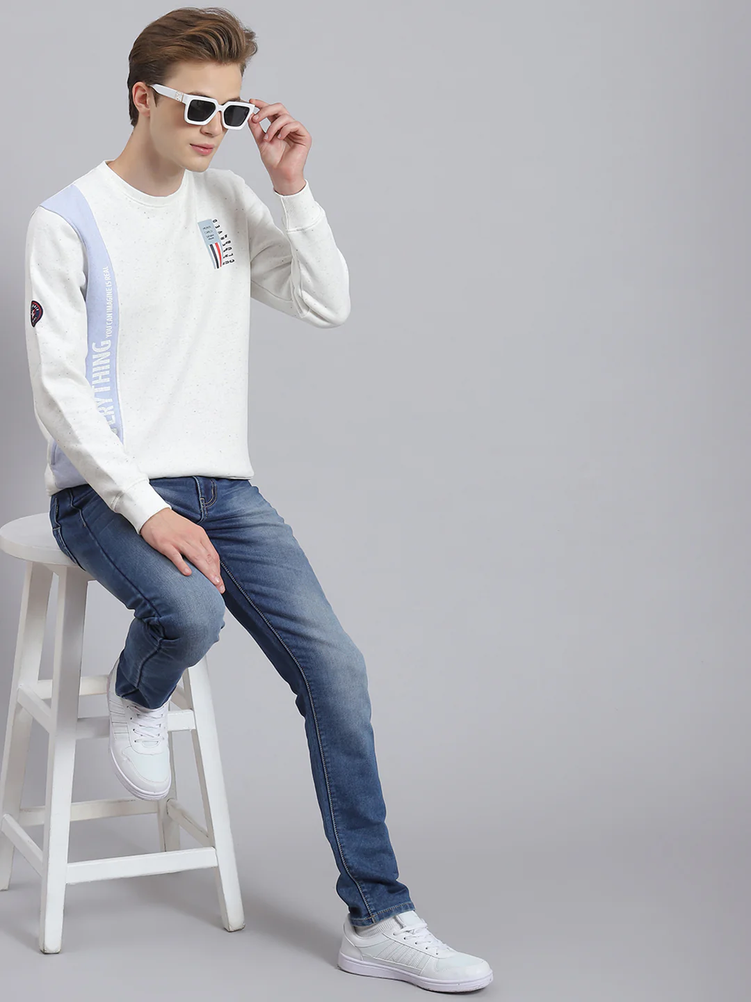 Men White Printed Round Neck Full Sleeve Sweatshirt - Image 6