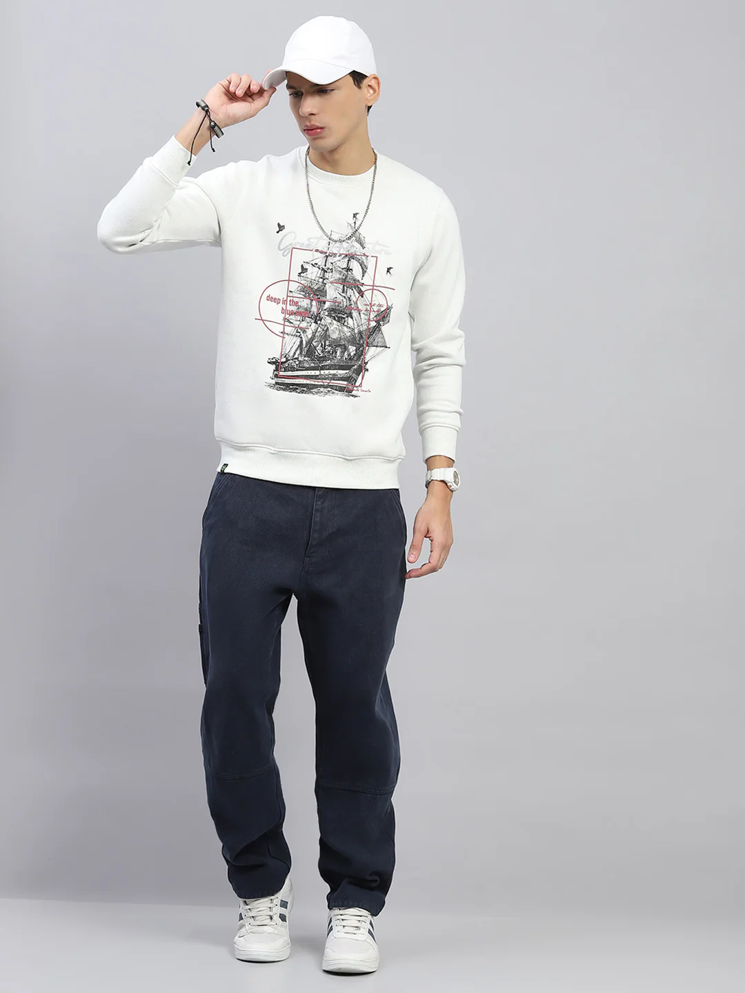 Men White Printed Round Neck Full Sleeve Sweatshirt - Image 2