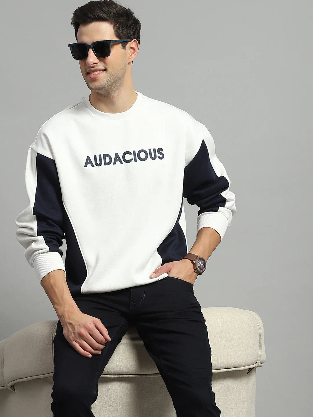 Men White Printed Round Neck Full Sleeve Sweatshirt - Image 6
