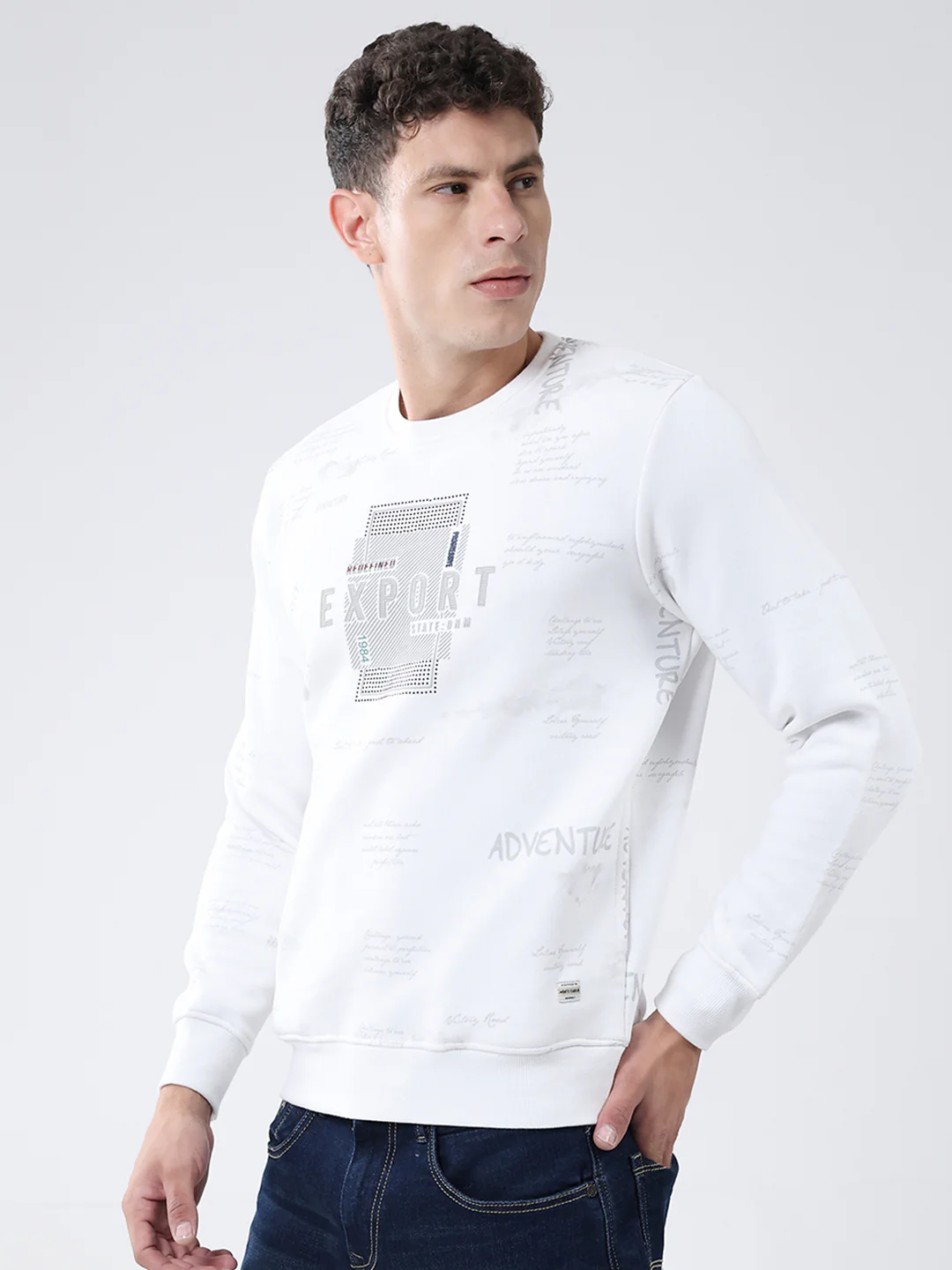 Men White Printed Round Neck Full Sleeve Sweatshirt - Image 3