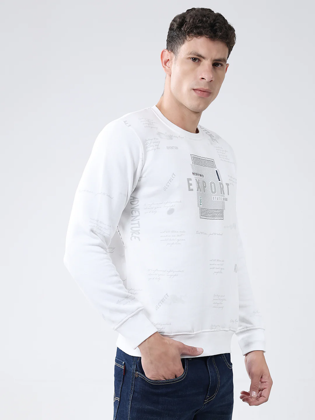 Men White Printed Round Neck Full Sleeve Sweatshirt - Image 4