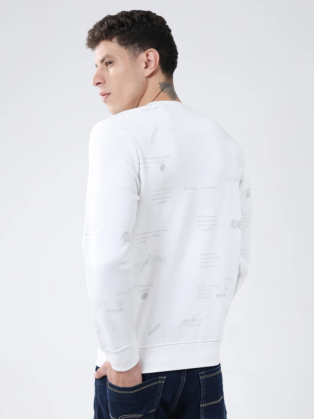 Men White Printed Round Neck Full Sleeve Sweatshirt - Image 5