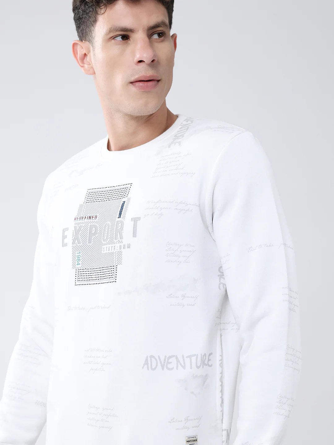 Men White Printed Round Neck Full Sleeve Sweatshirt - Image 6