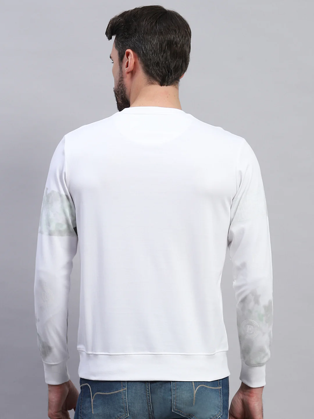 Men White Printed Round Neck Full Sleeve T-Shirt - Image 5