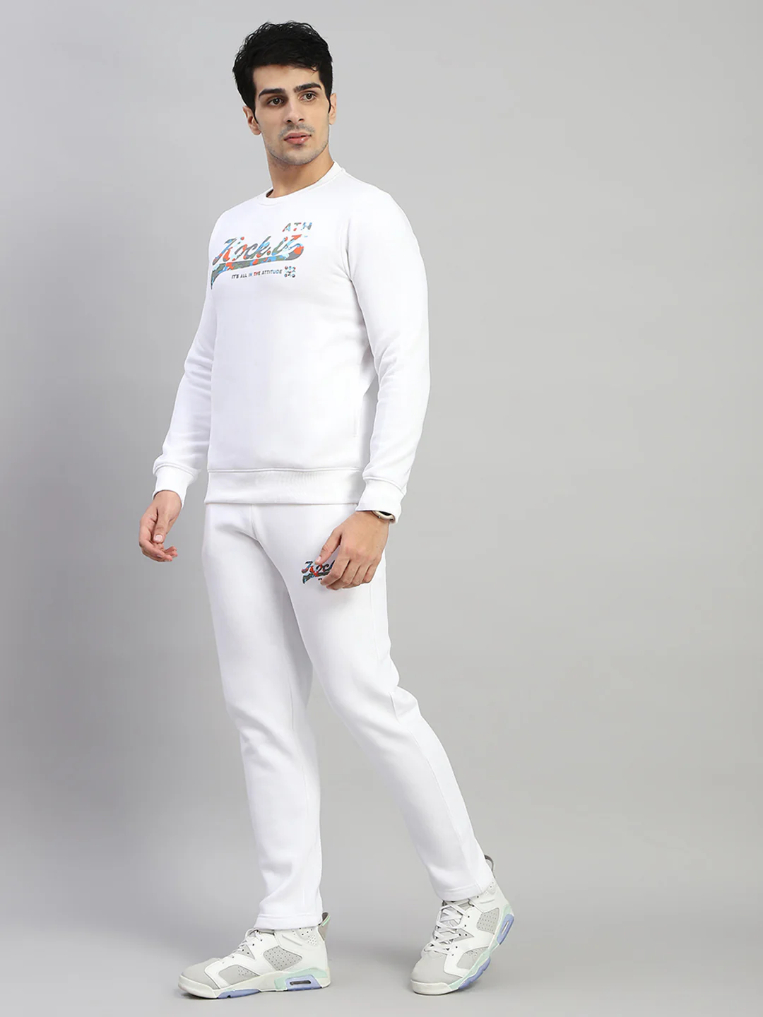 Rock.it Men White Printed Round Neck Full Sleeve Winter Tracksuit - Image 3