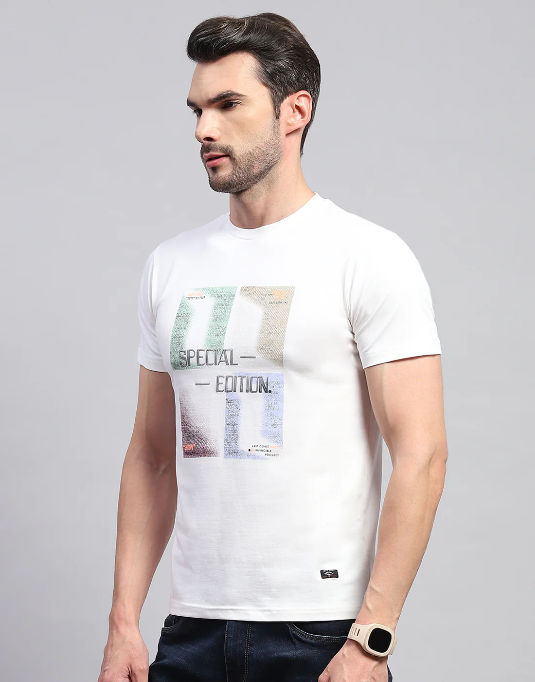 Men White Printed Round Neck Half Sleeve T-Shirt - Image 3