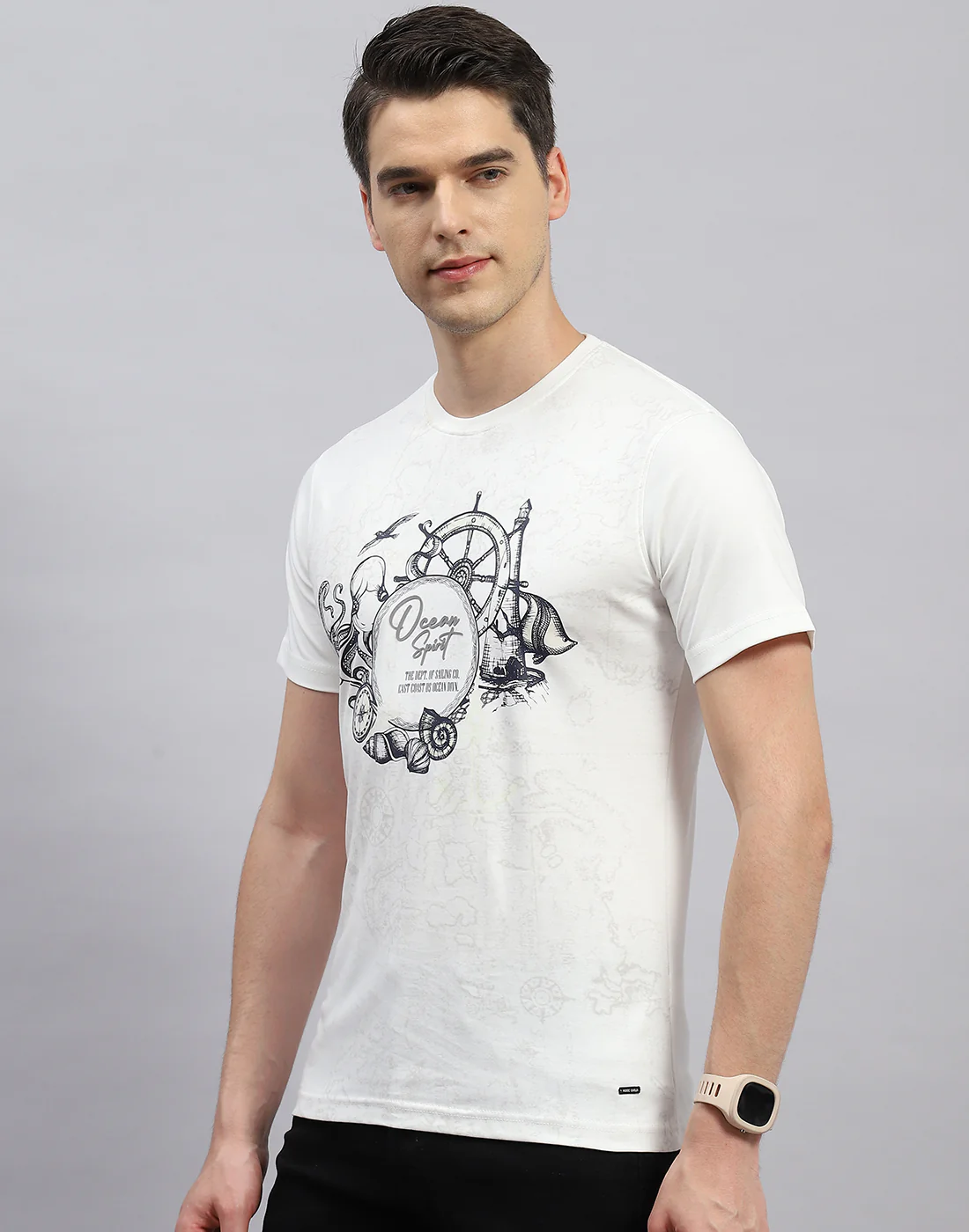 Men White Printed Round Neck Half Sleeve T-Shirt - Image 3