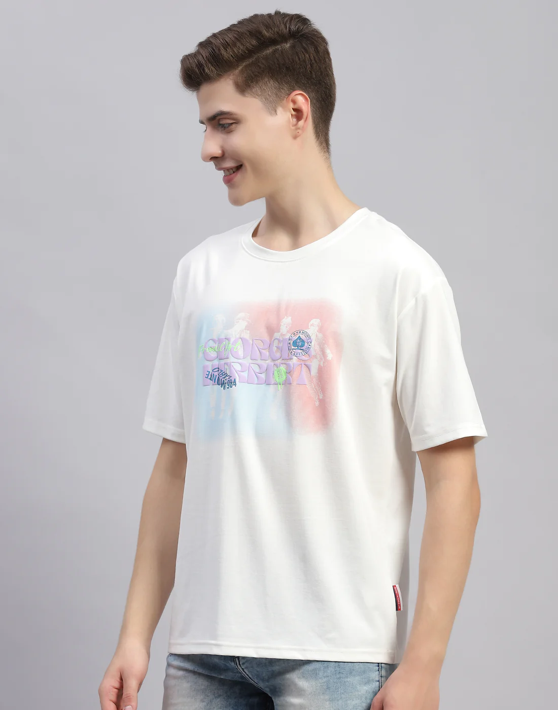 Men White Printed Round Neck Half Sleeve T-Shirt - Image 3
