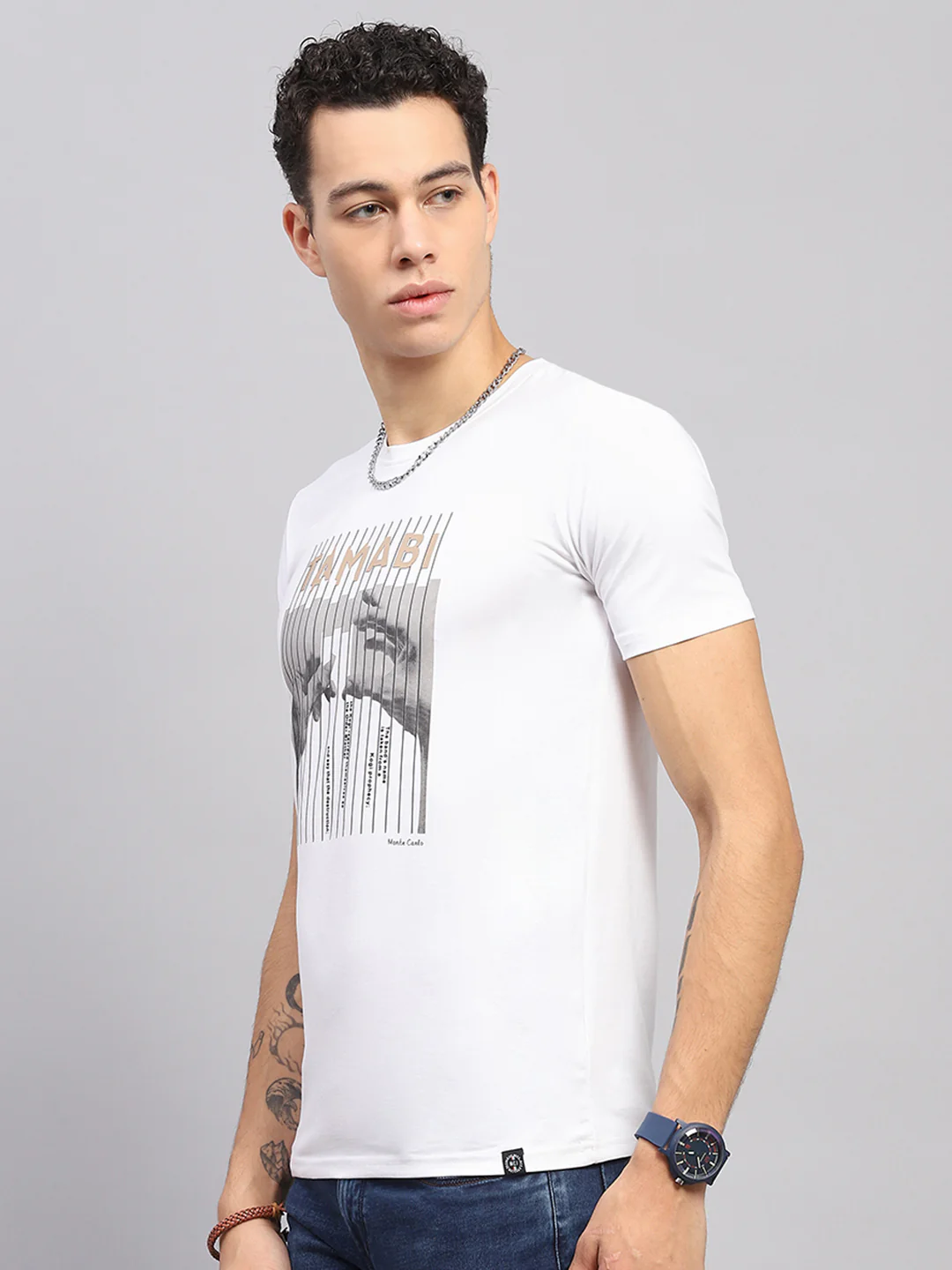Men White Printed Round Neck Half Sleeve T-Shirt - Image 3