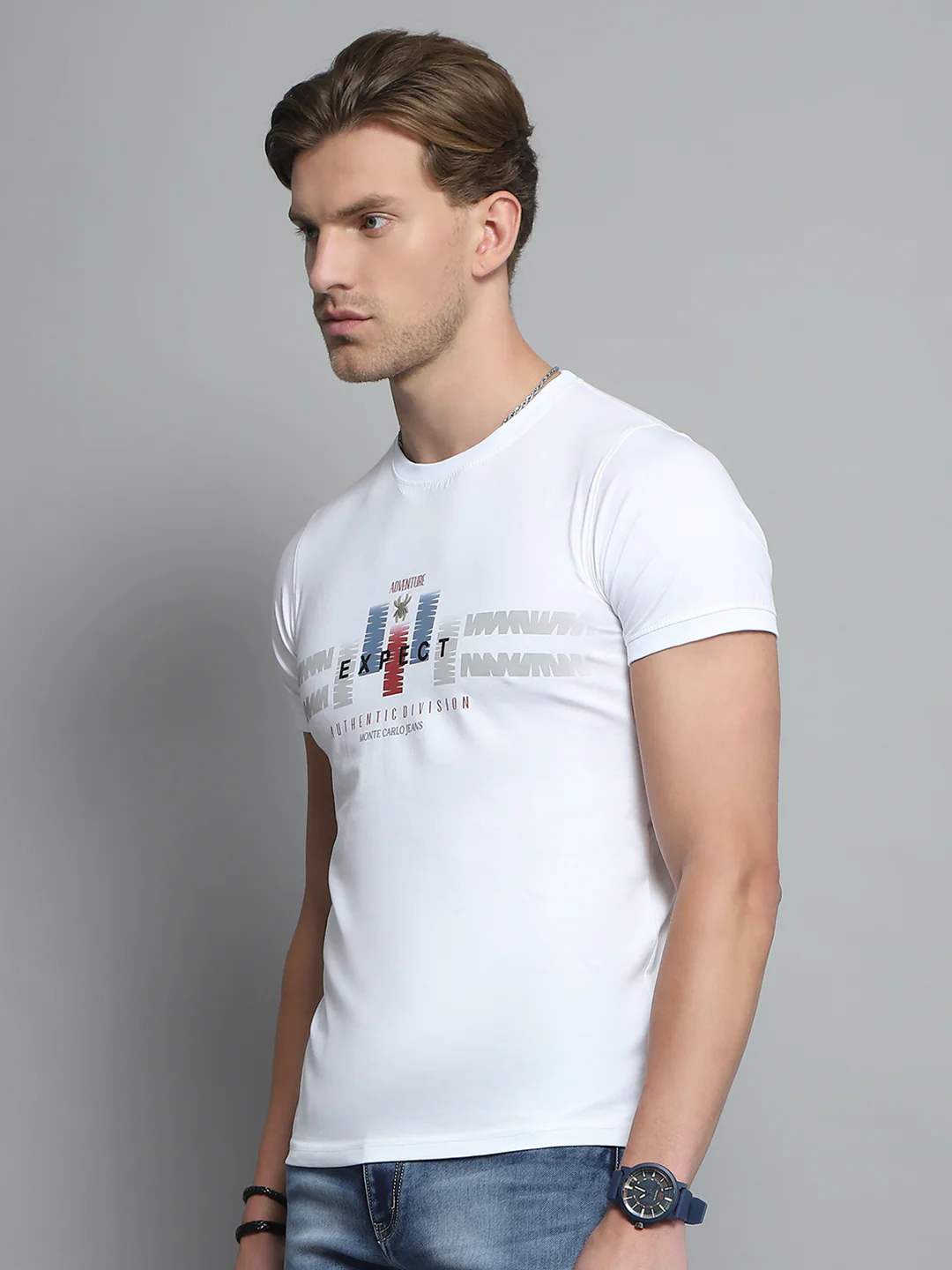 Men White Printed Round Neck Half Sleeve T-Shirt - Image 3