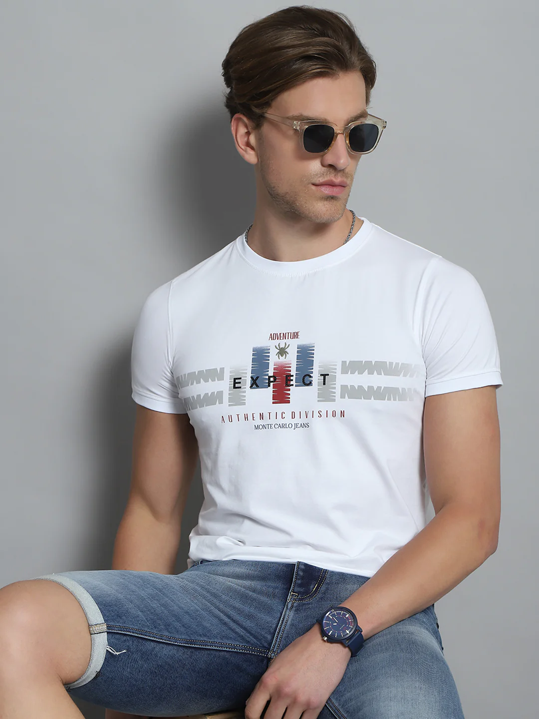 Men White Printed Round Neck Half Sleeve T-Shirt - Image 6