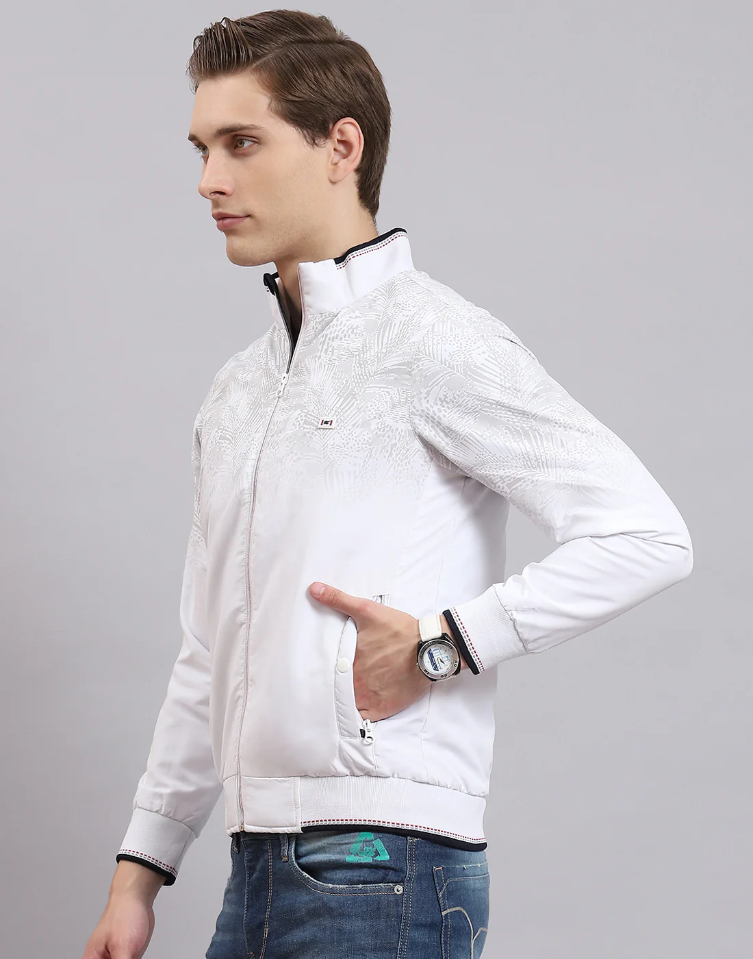 Men White Printed Stand Collar Full Sleeve Jacket - Image 4