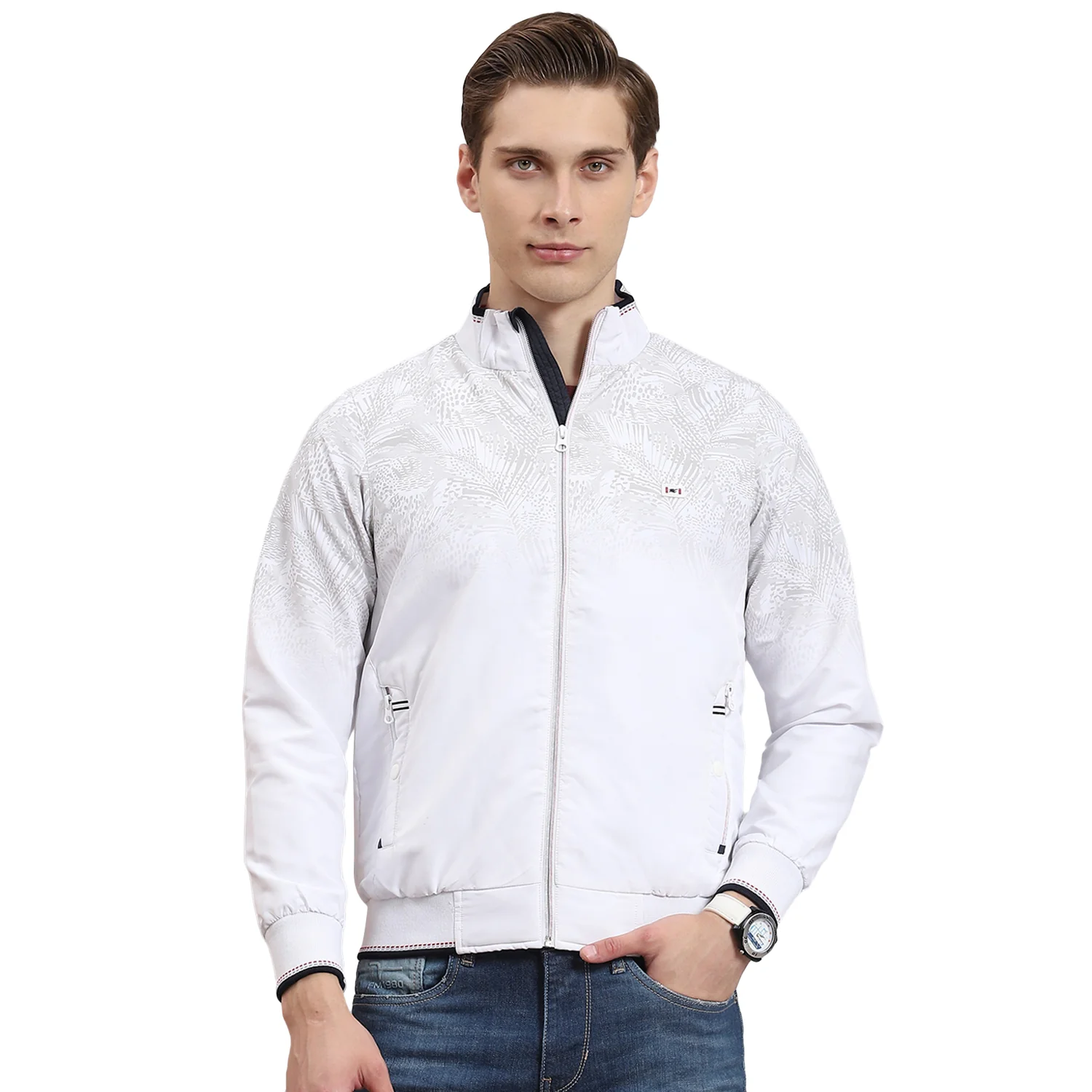 Men White Printed Stand Collar Full Sleeve Jacket - Image 5