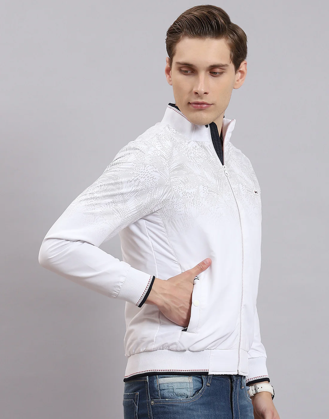 Men White Printed Stand Collar Full Sleeve Jacket - Image 6