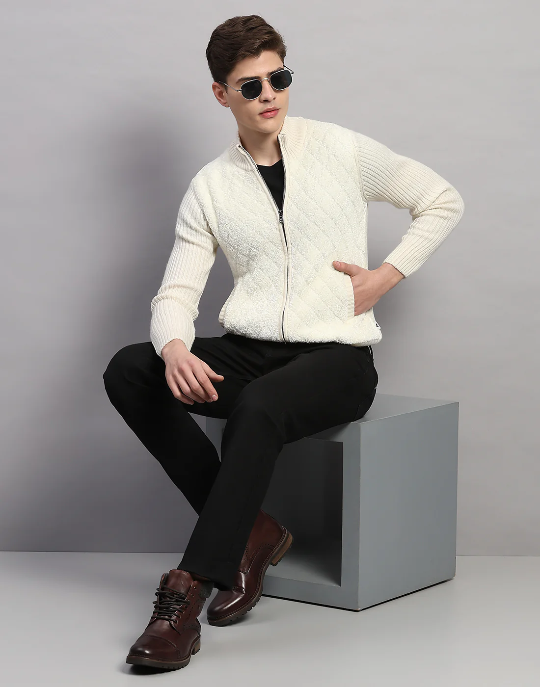 Men White Printed Turtle Neck Full Sleeve Pullover - Image 5