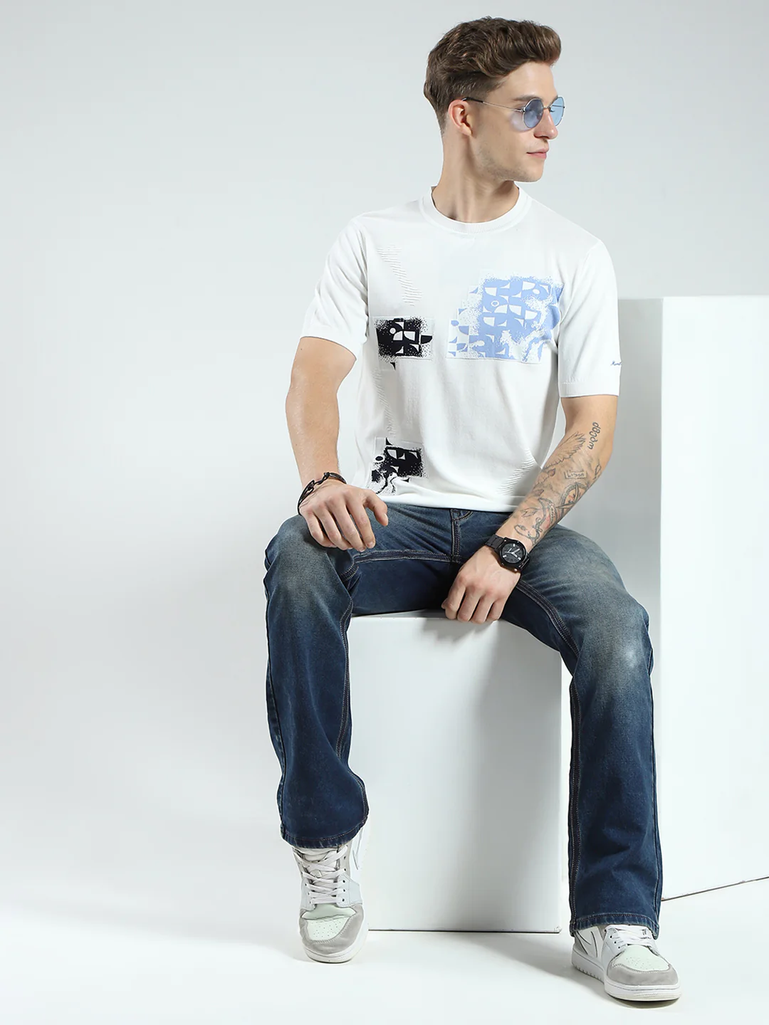 Men White Printed Round Neck Half Sleeve T-Shirt - Image 2