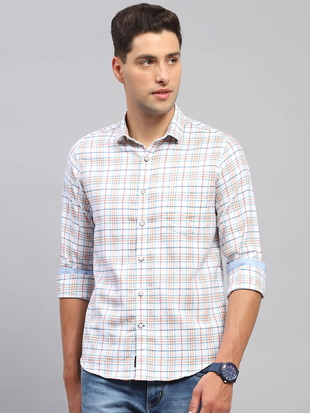 Men White & Red Check Spread Collar Full Sleeve Shirt - Image 2