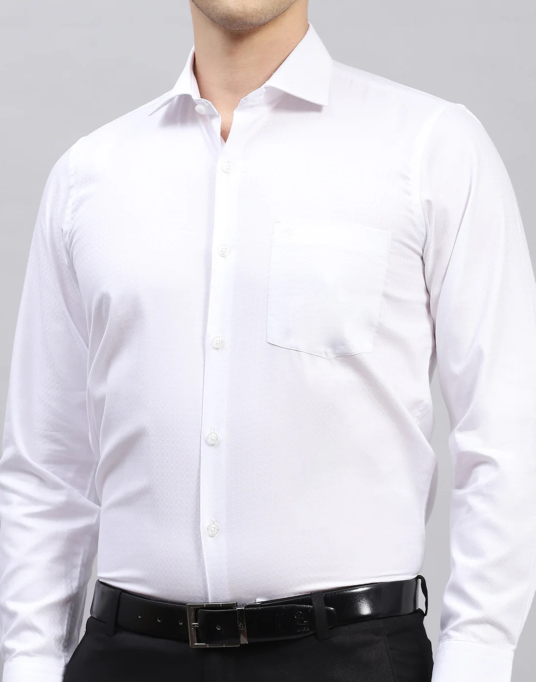 Men White Self Design Collar Full Sleeve Shirt - Image 6