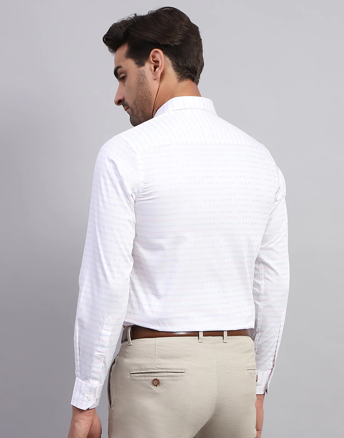 Men White Self Design Collar Full Sleeve Shirt - Image 5