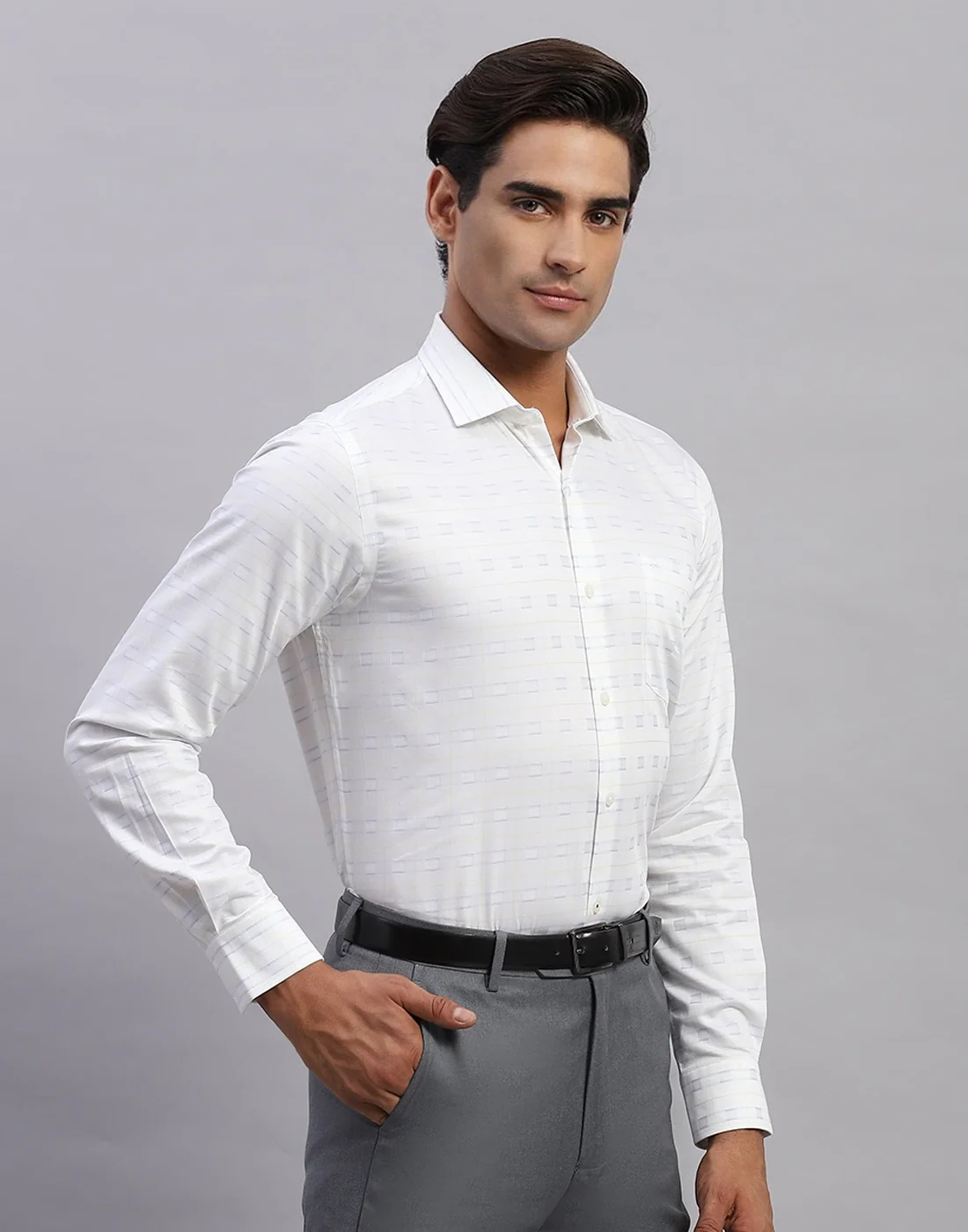Men White Self Design Collar Full Sleeve Shirt - Image 4