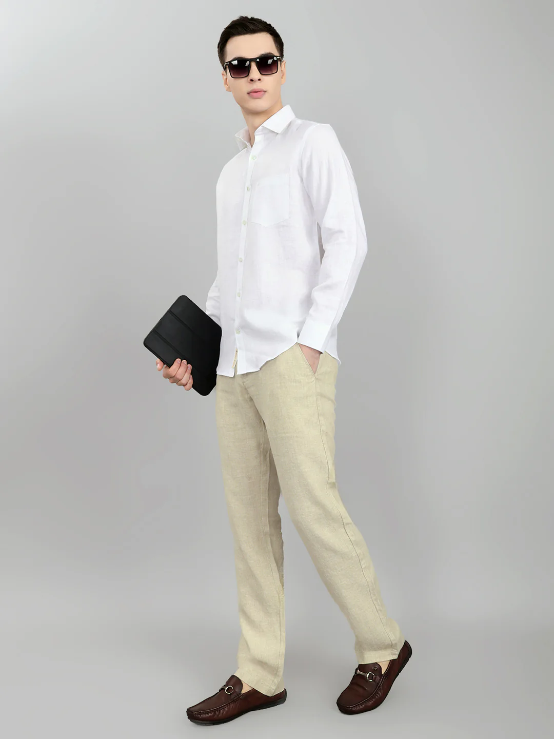 Men White Self Design Collar Full Sleeve Shirt - Image 6