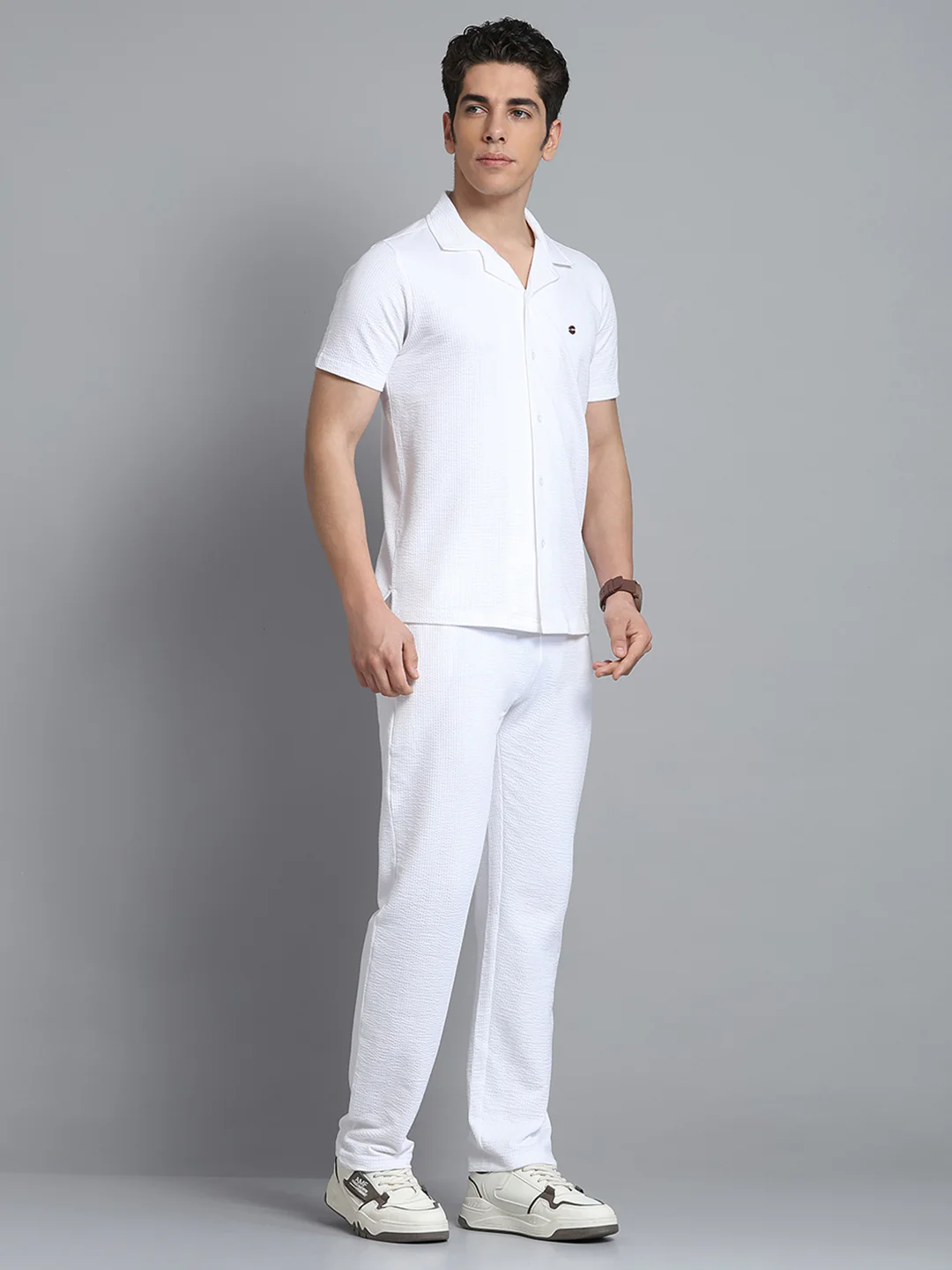 Men White Self Design Collar Half Sleeve Lower Set - Image 4