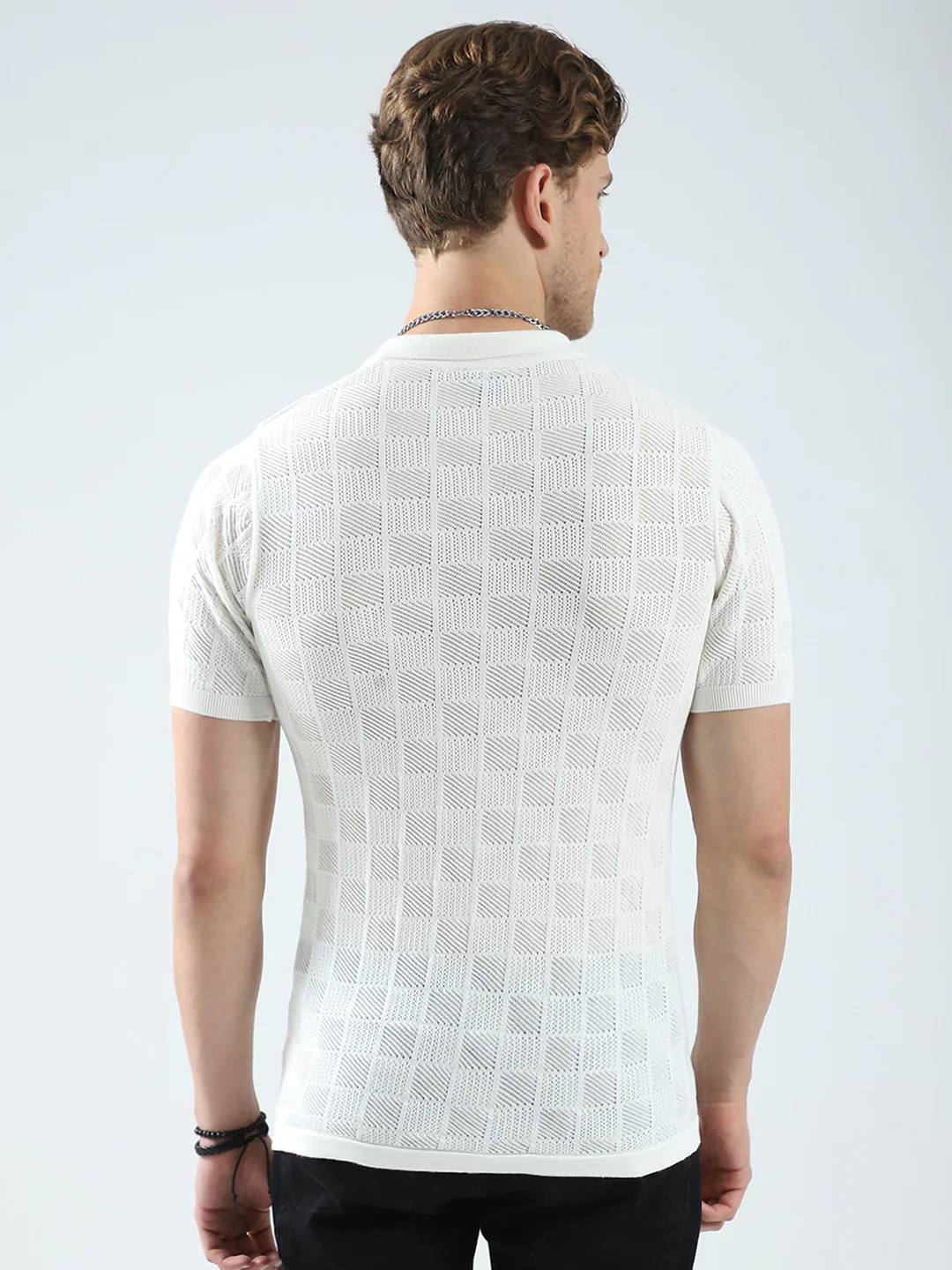 Men White Self Design Collar Half Sleeve T-Shirt - Image 4