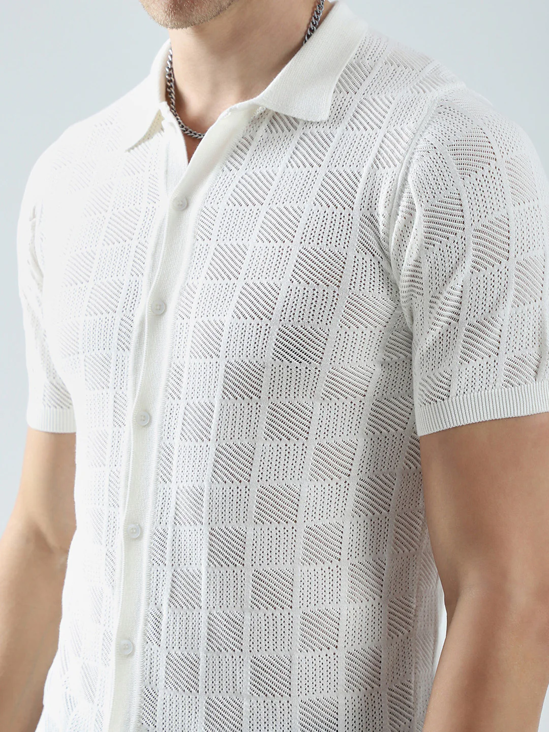 Men White Self Design Collar Half Sleeve T-Shirt - Image 7
