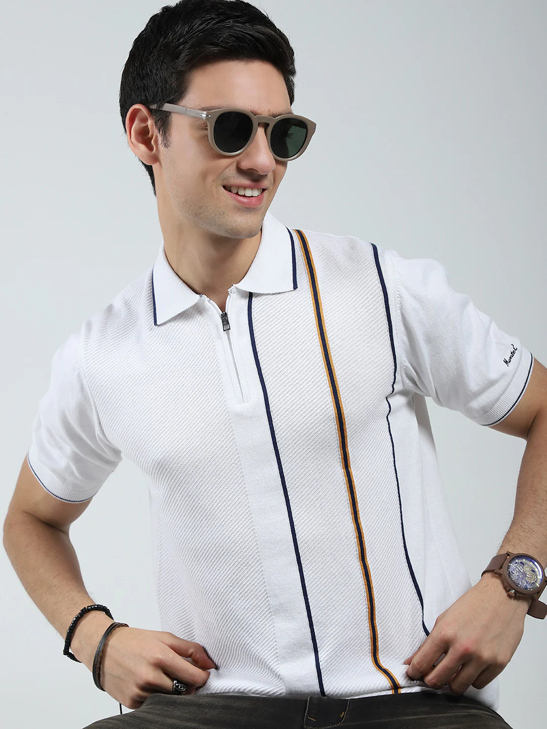 Men White Self Design Collar Half Sleeve T-Shirt - Image 6